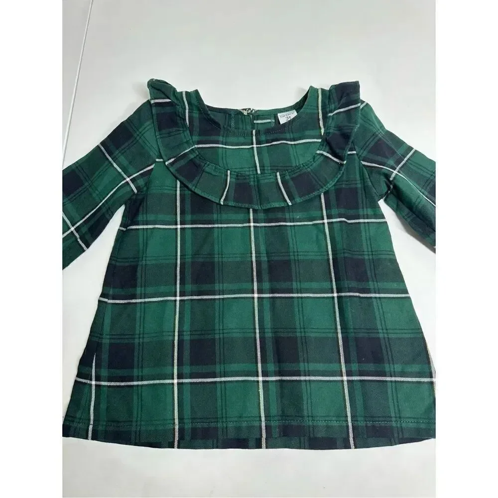Carters Toddler Girl’s Black Green Watch Plaid Blouse Ruffle Trim Size 3T